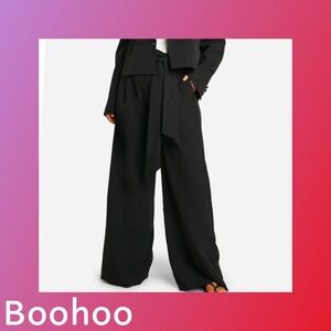 Boohoo Black Wide Leg Pants with Tie Waist